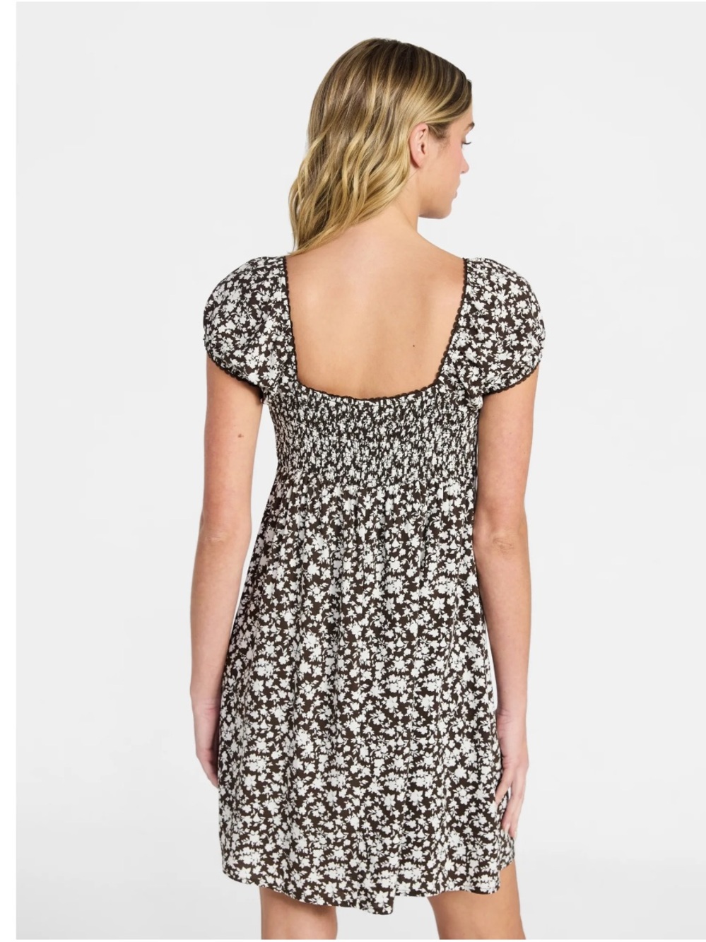 Brown Floral Square-Neck Mini Dress, NEW - Picture 3 of 9